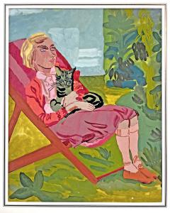 Muriel Pemberton Dreamy Young Blond Women Pondering Deckchair and Cat Summer Pastel Color - 3497618