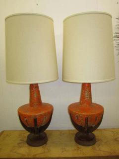 Mutual Sunset Lamp Co Amazing Pair of Thick Lava Glaze Orange Ceramic Lamps with Walnut Finger Bases - 1750844