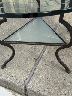 NEO CLASSICAL MODERNIST BLACK GILT IRON SIDE TABLES CARVED GREEK KEY GLASS - 4271803