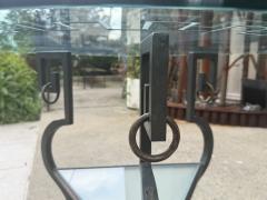 NEO CLASSICAL MODERNIST BLACK GILT IRON SIDE TABLES CARVED GREEK KEY GLASS - 4271805