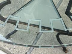 NEO CLASSICAL MODERNIST BLACK GILT IRON SIDE TABLES CARVED GREEK KEY GLASS - 4271806