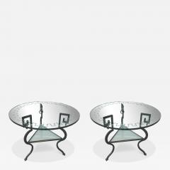 NEO CLASSICAL MODERNIST BLACK GILT IRON SIDE TABLES CARVED GREEK KEY GLASS - 4277144