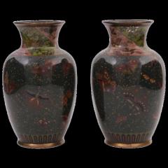 Namikawa Yasuyuki A Pair of Meiji Japanese Cloisonne Enamel Goldstone Butterfly Vases - 3903658