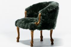 Napoleon III Style Chair in Emerald Sheepskin on Gilt Rope Tassel Frame - 4222825