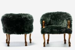 Napoleon III Style Chairs in Emerald Sheepskin on Gilt Rope Tassel Frames - 2435793