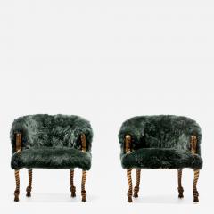 Napoleon III Style Chairs in Emerald Sheepskin on Gilt Rope Tassel Frames - 2440397