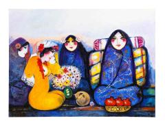 Nasser Ovissi Four Seated Girls Oil on Canvas Painting - 2137499