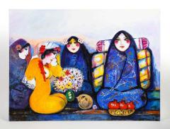 Nasser Ovissi Four Seated Girls Oil on Canvas Painting - 2137501