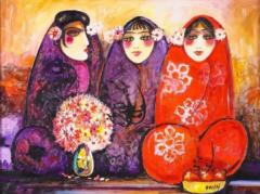 Nasser Ovissi Iranian Born 1934 Three Seated Girls Oil on Canvas Painting - 1265115