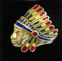 Native American Indian Chief Themed Gold Ring with Polychromed Features C 1955 - 3268073