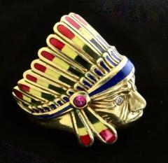 Native American Indian Chief Themed Gold Ring with Polychromed Features C 1955 - 3268095