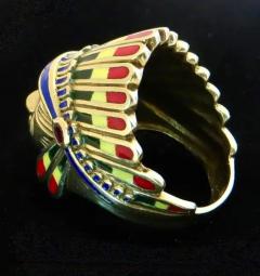 Native American Indian Chief Themed Gold Ring with Polychromed Features C 1955 - 3268101