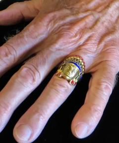 Native American Indian Chief Themed Gold Ring with Polychromed Features C 1955 - 3268128