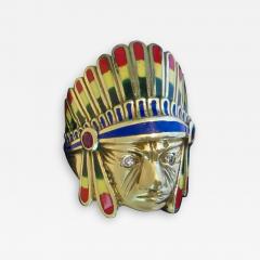 Native American Indian Chief Themed Gold Ring with Polychromed Features C 1955 - 3272331