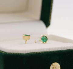 Natural 1 2 Carat Emerald Round Bezel Stud Earrings in 14K Yellow Gold - 3504771