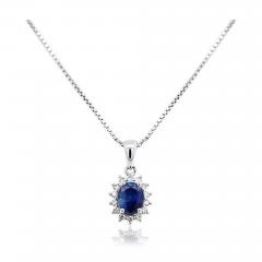 Natural 1 20 Carat Oval Cut Blue Sapphire and Diamond Halo Pendant Necklace - 3573822