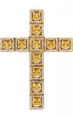 Natural 2 33 Carat Princess Cut Yellow Sapphire Diamond Halo Cross Pendant - 3500088