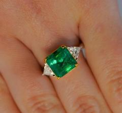 Natural 3 76 Carat Colombian Emerald and Trillion Cut Diamond 3 Stone Ring - 3505257