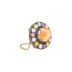 Natural 4 64 Carat Opal Pin with Multi Color Sapphire Detailing in Gold Silver - 3504674