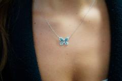 Natural Blue and White Diamond Cluster Butterfly Charm Floating Pendant Necklace - 3513006