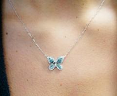 Natural Blue and White Diamond Cluster Butterfly Charm Floating Pendant Necklace - 3513020