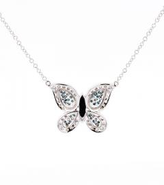 Natural Blue and White Diamond Cluster Butterfly Charm Floating Pendant Necklace - 3513077