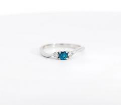 Natural Blue and White Diamond Curved Mini Three Stone Ring in 14K White Gold - 3513052