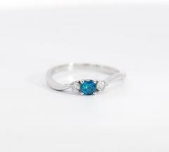 Natural Blue and White Diamond Curved Mini Three Stone Ring in 14K White Gold - 3513060