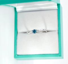 Natural Blue and White Diamond Curved Mini Three Stone Ring in 14K White Gold - 3513063