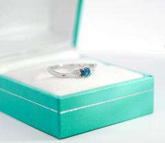 Natural Blue and White Diamond Curved Mini Three Stone Ring in 14K White Gold - 3513102