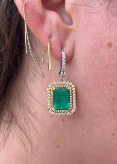 Natural Colombian 7 36 CTTW Emerald Diamond Halo Dangle Drop 18K Gold Earrings - 3504748