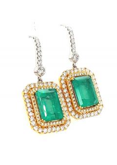 Natural Colombian 7 36 CTTW Emerald Diamond Halo Dangle Drop 18K Gold Earrings - 3504749