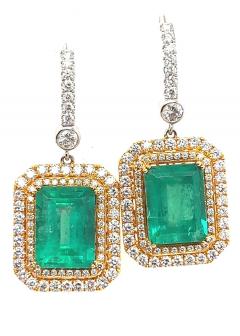 Natural Colombian 7 36 CTTW Emerald Diamond Halo Dangle Drop 18K Gold Earrings - 3504750