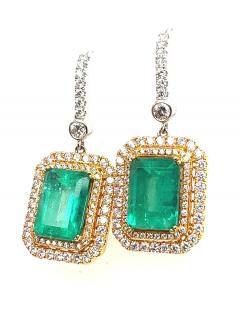 Natural Colombian 7 36 CTTW Emerald Diamond Halo Dangle Drop 18K Gold Earrings - 3504751