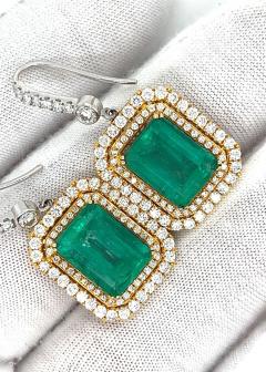 Natural Colombian 7 36 CTTW Emerald Diamond Halo Dangle Drop 18K Gold Earrings - 3504780
