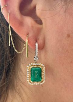 Natural Colombian 7 36 CTTW Emerald Diamond Halo Dangle Drop 18K Gold Earrings - 3504785