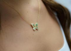 Natural Diamond and Green Tsavorite Butterfly 14K Yellow Gold Necklace - 3513013