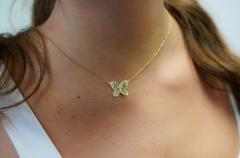 Natural Diamond and Green Tsavorite Butterfly 14K Yellow Gold Necklace - 3513017