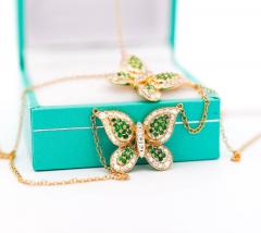 Natural Diamond and Green Tsavorite Butterfly 14K Yellow Gold Necklace - 3513087