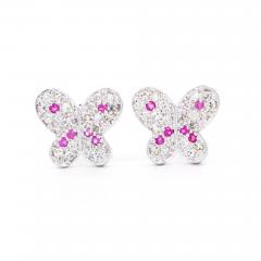 Natural Diamond and Pink Sapphire Cluster Butterfly Stud Earrings - 3573813
