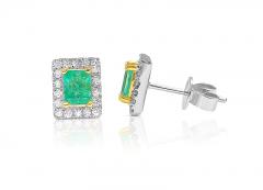 Natural Emerald Stud Earrings with diamond halo in 18k Solid Gold - 3510037