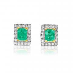 Natural Emerald Stud Earrings with diamond halo in 18k Solid Gold - 3570430