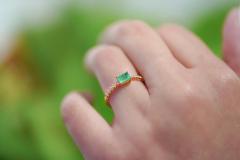 Natural Emerald and Diamond Ribbed Shank Thin Stacking Ring in 18K Rose Gold - 3513241