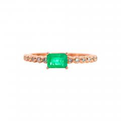 Natural Emerald and Diamond Ribbed Shank Thin Stacking Ring in 18K Rose Gold - 3574985