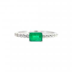 Natural Emerald and Diamond Ribbed Thin Stacking Ring in 18K White Gold - 3610252