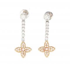 Natural Pink White Diamond Floral Drop Earrings in 18k White and Rose Gold - 3500107