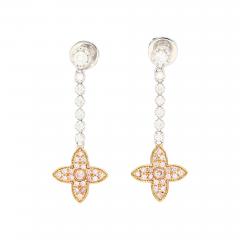 Natural Pink White Diamond Floral Drop Earrings in 18k White and Rose Gold - 3517444