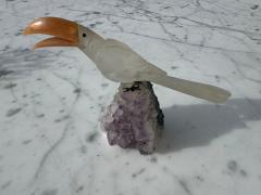 Natural Quartz Toucan Stone Parrot Perched on Amethyst Geode - 4519028