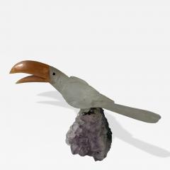 Natural Quartz Toucan Stone Parrot Perched on Amethyst Geode - 4521924