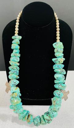 Navajo Turquoise and Pearls Necklace with Sterling Silver Cross Pendants - 2971304